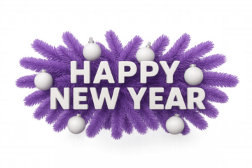 Happy new year greeting text composition with white ornaments on purple fir tree branches, transparent background