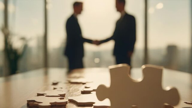 Two businessmen shake hands in a bright office, with a single puzzle piece in the foreground and scattered pieces on the table.