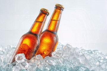 Beer bottles chilling in crushed ice, refreshing on a hot day