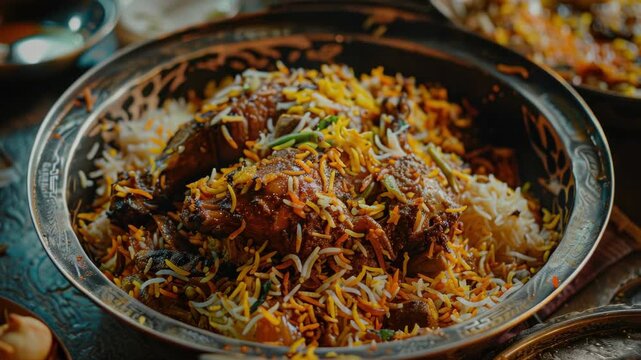This  captures a tantalizing dish of curry-coated meats paired with flavorful rice. The vibrant colors and textures invite the viewer to savor this culinary delight.