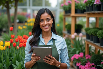 Beautiful Woman Working at a Garden Center with Colorful Tulips
