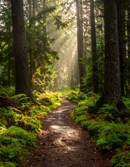 Obraz premium Sunlit path through a misty forest
