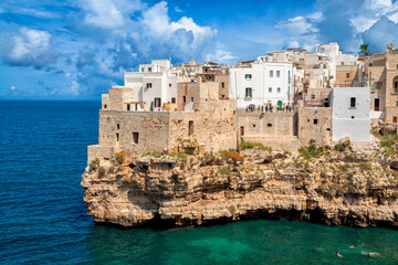 Polignano, Italy. Architecture of the ancient city of Polgnano, Italy. Famous architectural landmarks of Polignano. Polignano a Mare, Bari Province, Puglia, southern Italy.