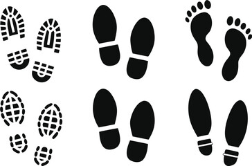 collection of Human walking footprints shoes and shoe sole funny feet footsteps paws people. vector footsteps icon or sign for print, isolated on white background 