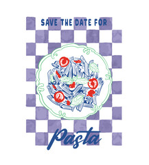 Retro vintage pasta t shirt design, Italian food lover artwork, Pasta on plate vector illustration, Save the date for pasta 