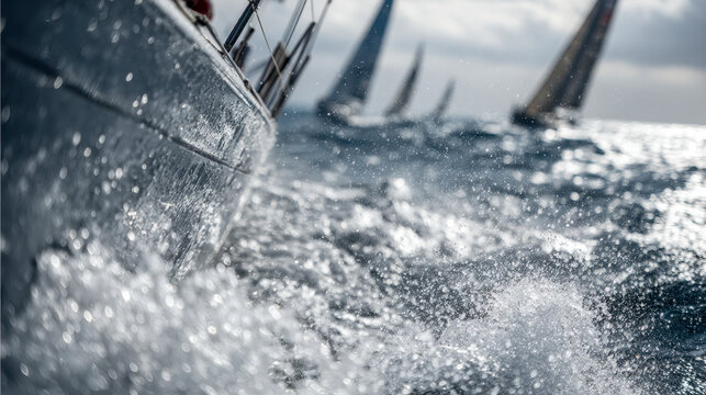 Dynamic action shot of sailboats cutting through choppy ocean waves with water splashing against the hull under a cloudy sky during a competitive sailing race
