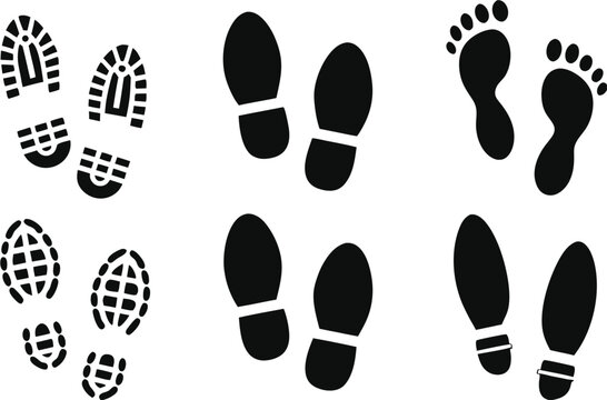 collection of Human walking footprints shoes and shoe sole funny feet footsteps paws people. vector footsteps icon or sign for print, isolated on white background 