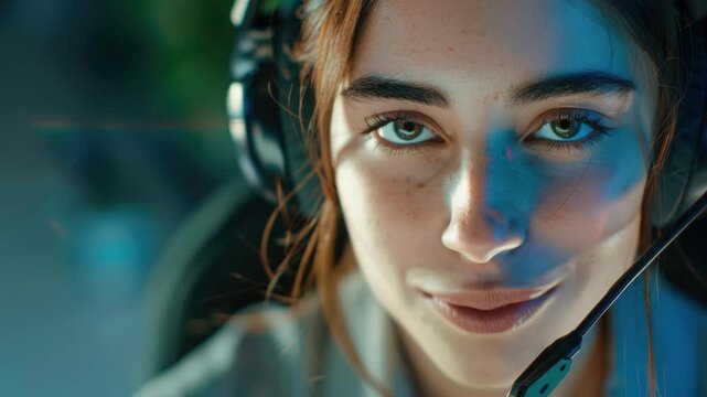 A young woman wearing a headset has glowing eyes and blurred light around her face, suggesting she is immersed in a video game or virtual reality. She looks focused and slightly excited.