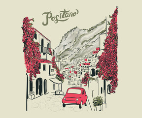 Amalfi coast  watercolor vector, Positano Italy hand drawn illustration, European summer vacation artwork for t shirt, poster, graphic print