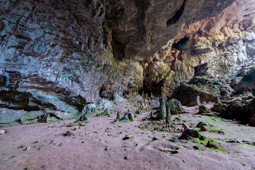 Nimara cave near Marmaris, Turkey inside. Stalactites stalagmites and streak formations in cave of...