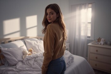 Young woman turning back in bedroom with sunlight shining softly  