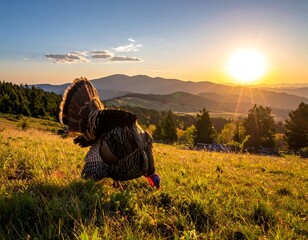 Wild turkey at sunset over mountains