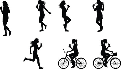 Silhouette women drinking beverage with straw in various poses standing sitting walking lifestyle fashion casual vector illustration isolated design