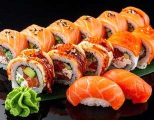 Assorted sushi rolls displayed on banana leaf