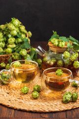 Hop Tea with Fresh Hops in Glass Cups and Teapot on Rustic Background