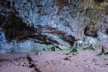 Nimara cave near Marmaris, Turkey inside. Stalactites stalagmites and streak formations in cave of...