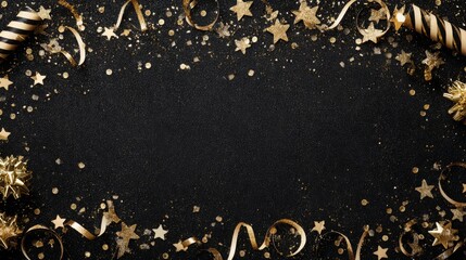 New Years Eve double border of glittery gold stars, streamers, decorations and noisemakers. Top down view over a black banner background.