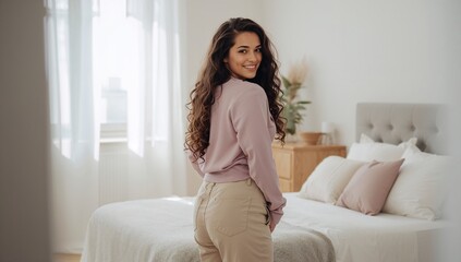 Woman turning back and smiling in bedroom with neutral decor  