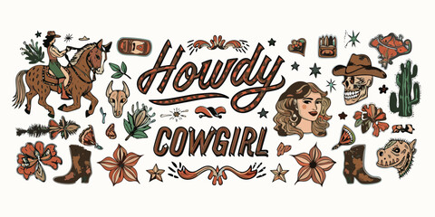 Howdy cowgirl western themed illustration with horse rider skull cowboy hat cactus and flowers