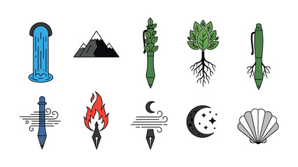 Nature-Inspired Pen Designs: A collection of stylized pens, each embodying a unique element of nature, from cascading waterfalls to the radiant glow of fire, all presented with crisp, artistic detail.