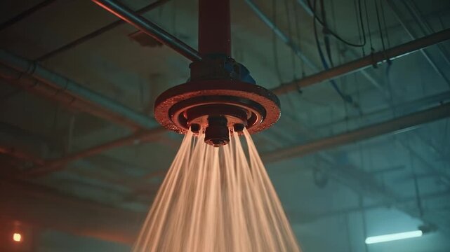 Fire sprinkler releasing water from a ceiling sprinkler head in an industrial setting.