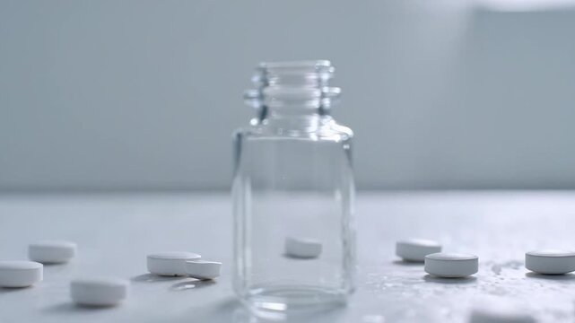 An empty glass medicine bottle with white tablets scattered around on a white surface.
