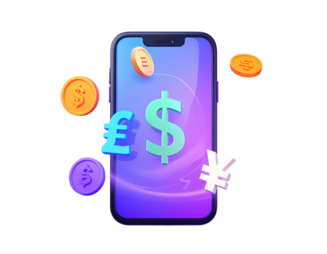 3D Illustration of Money Transfer App with Floating Currency Icons