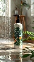 Bathroom decor, a bottle of soap with tropical print, in a shower room