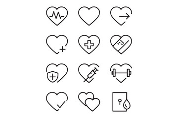 Health and Wellness Icon Set Heart-Themed Line Art
