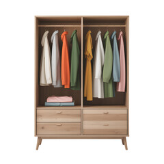 Modern wooden wardrobe with hanging clothes and drawers