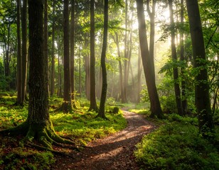 Obraz premium Sunlit path in a dense forest