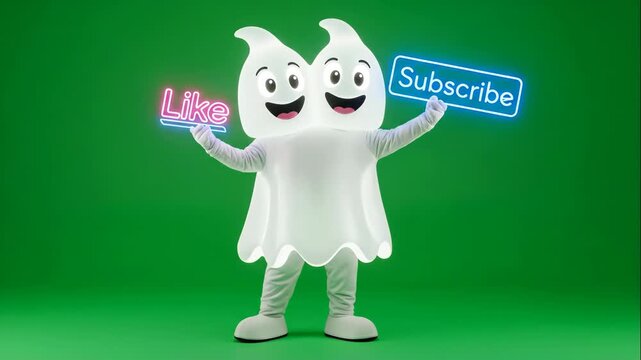 Cheerful Two-Headed Ghost Mascot Promoting Engagement - A whimsical two-headed ghost mascot stands against a bright green background, happily holding neon signs that read "Like" and "Subscribe.