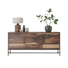 Modern wooden sideboard with decorative items and lamp