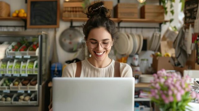 A cheerful woman using a laptop in a market setting with fresh produce and kitchenware around her.