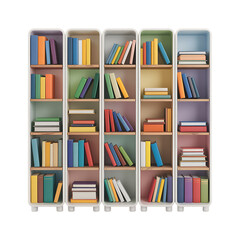 Tall white bookshelves filled with colorful books against a black background