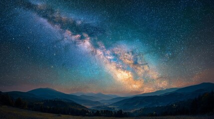 Naklejka premium Panorama of the night starry sky on the background of the Milky Way with many colorful shining stars