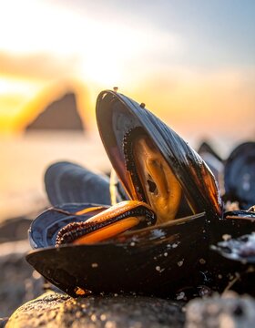 Mussels on rocks at sunset
