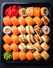 Assorted sushi rolls in a black tray
