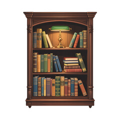 Vintage bookshelf filled with old books and a green lamp