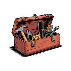 Vintage wooden toolbox filled with assorted hand tools