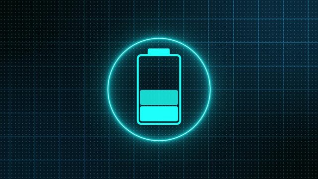 Battery charging animation for discharged battery to full charge. Futuristic digital high tech technology HUD style charge level indications. left to right smoothly 3d animation background. 4k