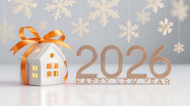 A festive 2026 new year scene with a house and snowflakes isolated on white background