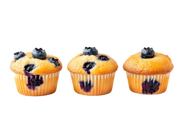 Delicious blueberry muffins in a row on black background