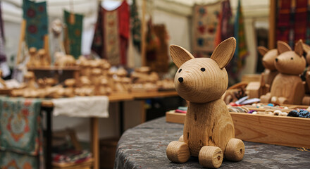 Wooden toy fox figurine displayed on table in craft market environment  