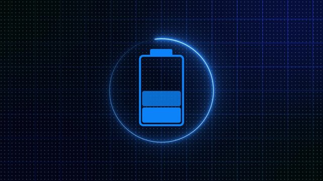 Battery charging animation for discharged battery to full charge. Futuristic digital high tech technology HUD style charge level indications. left to right smoothly 3d animation background. 4k
