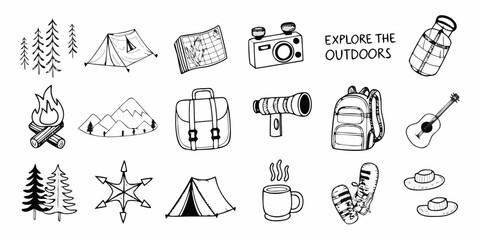Collection of hand drawn doodle icons representing outdoor adventure and camping activities