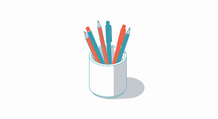 Fototapeta premium Illustration of a white pencil holder filled with pens and pencils.