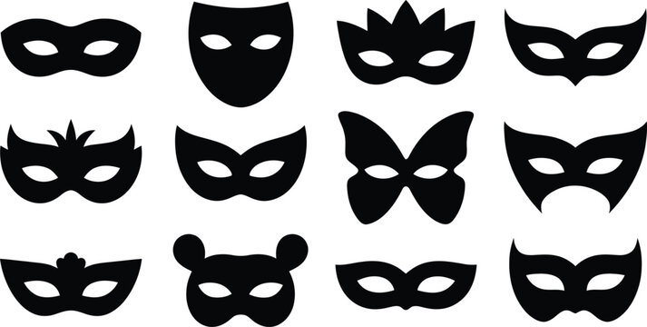 Collection of Black Masquerade Masks, Carnival Costume Accessory Vector Illustrations on Clear