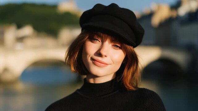 Portrait of a woman with short red hair wearing a black beret and black turtleneck, with a blurred bridge in the background.