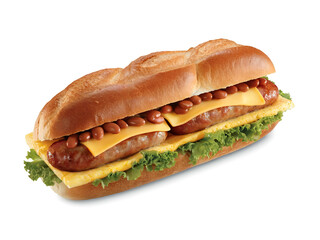 A breakfast roll is a sandwich made from a baguette or bun cut in half lengthwise and filled with sausage, cheese, egg, sometimes beans, and lettuce. On a white background
